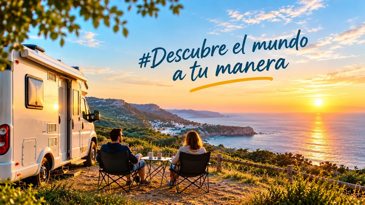 Pareja sentada junto a una autocaravana al atardecer frente al mar: #Descubre el mundo a tu manera